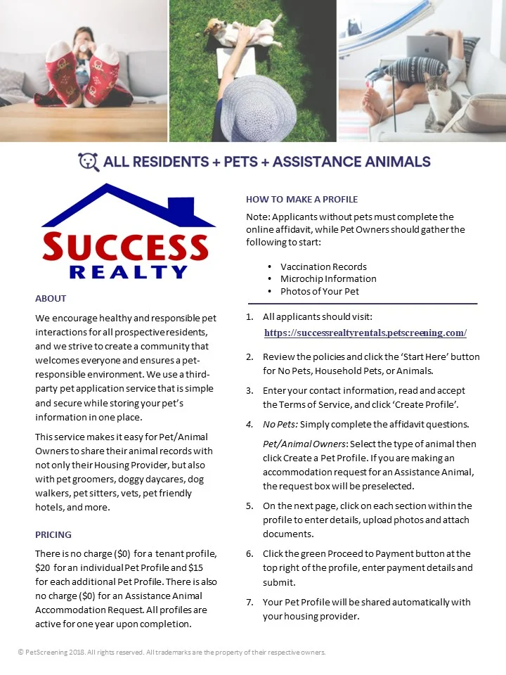 Success Realty Pet Screening Application Flyer 2019